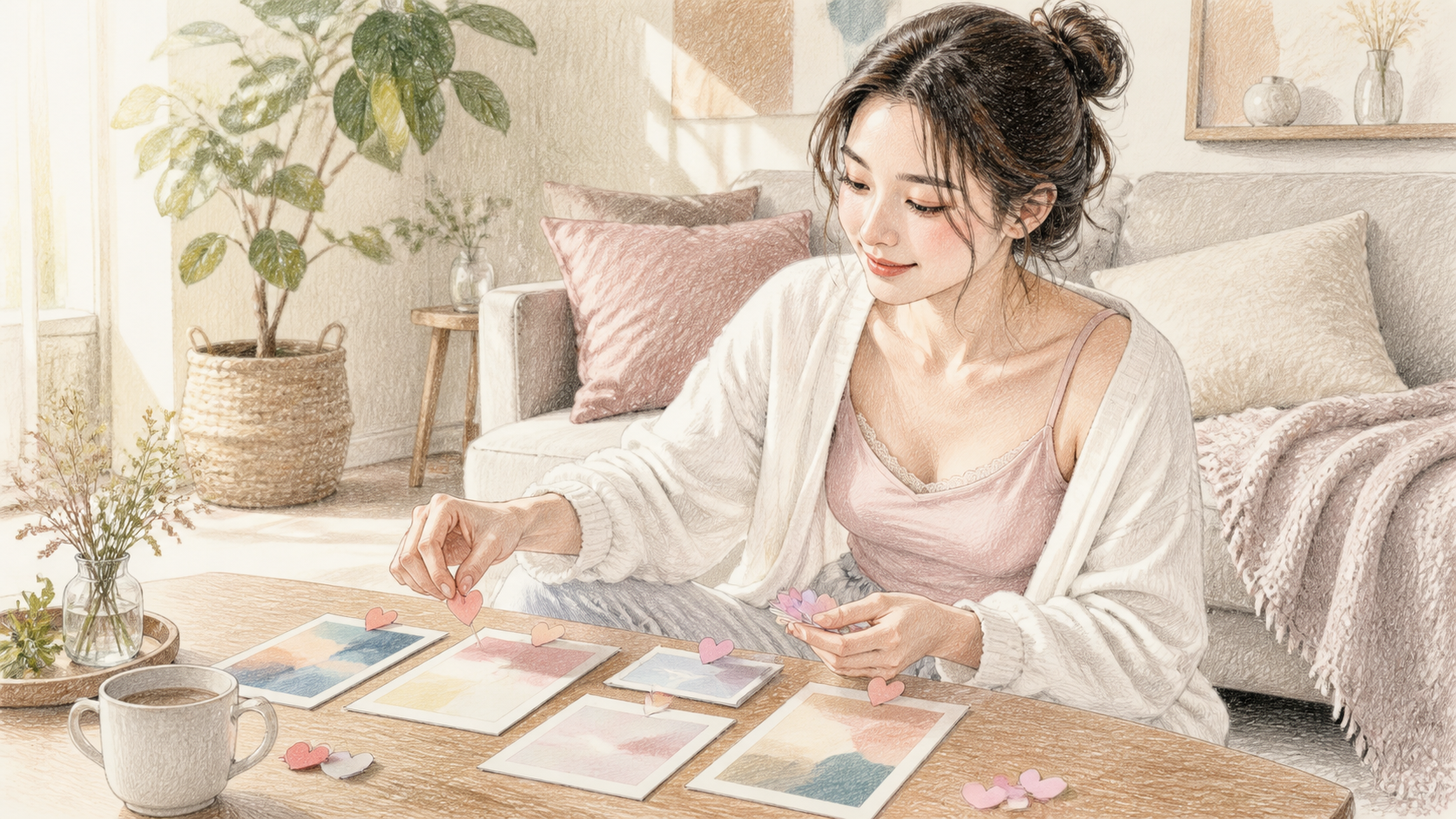 お気に入りを整理する成人女性の鉛筆調イメージ