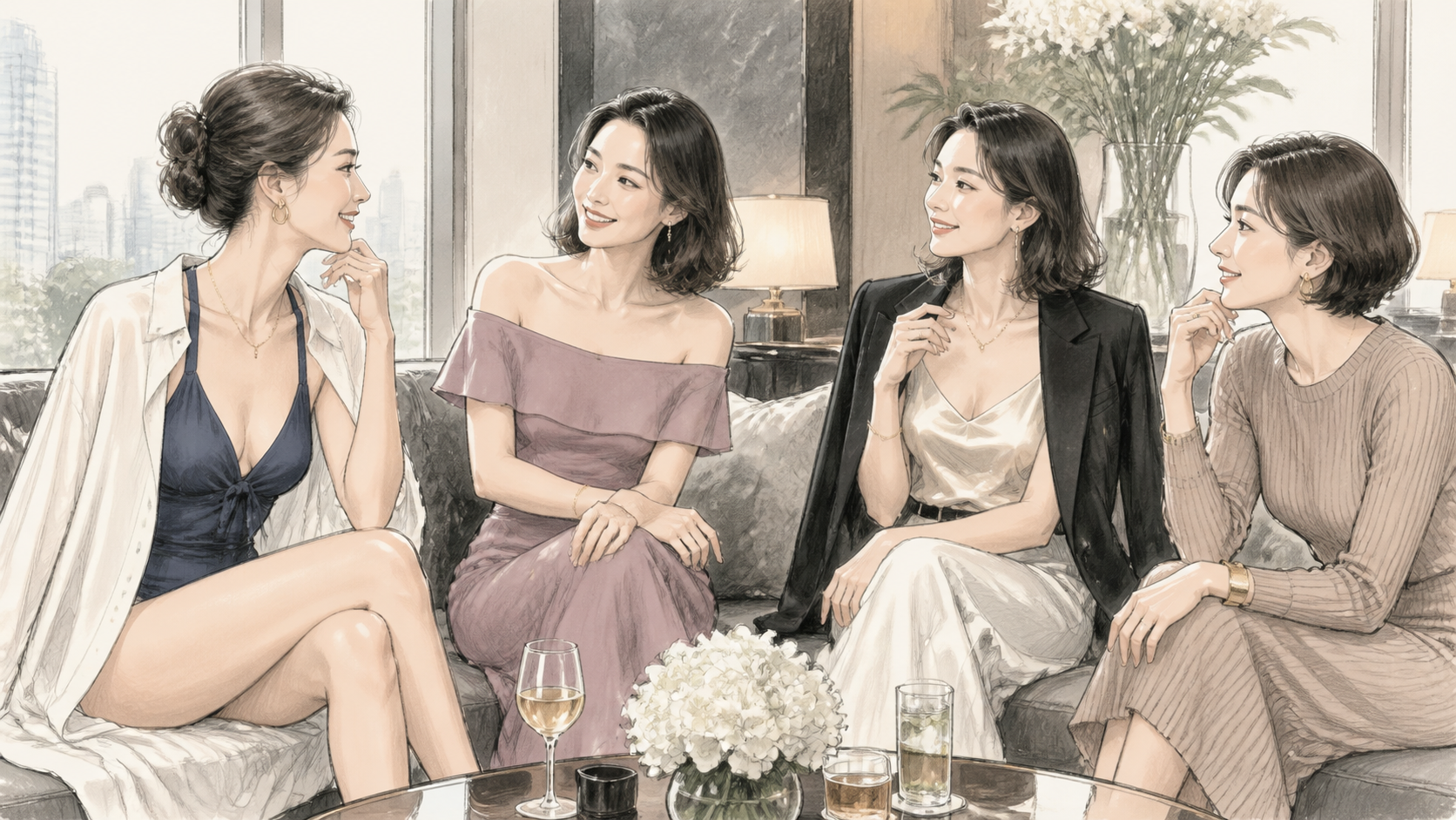 多様な好みを表現する成人女性たちの鉛筆調イメージ