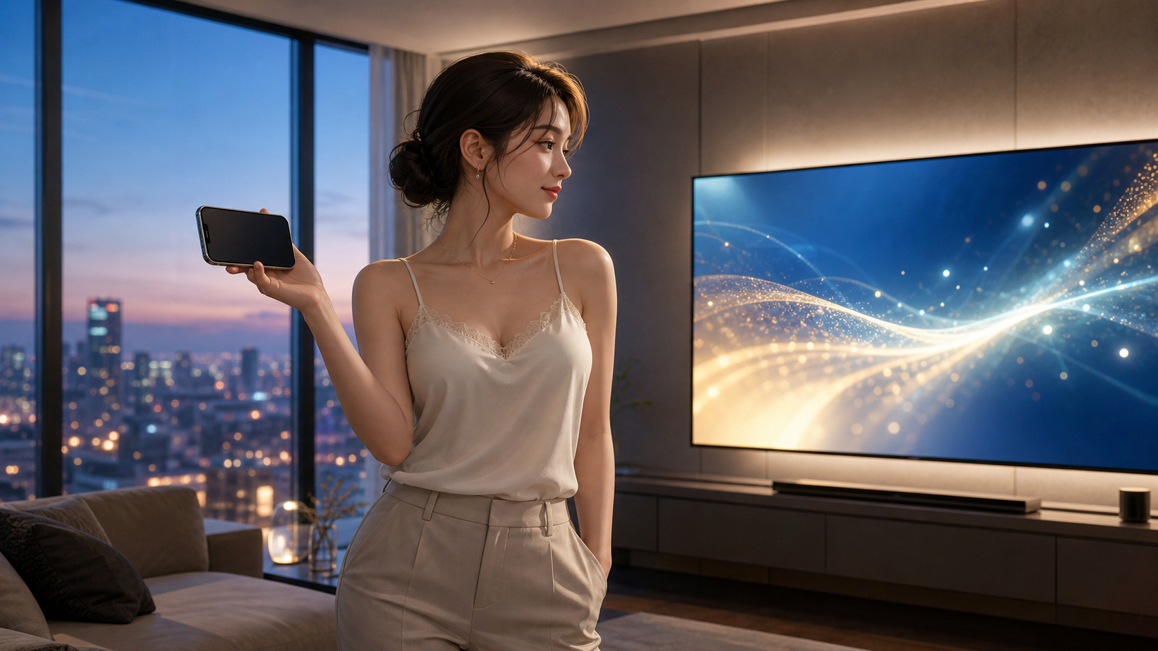 スマートフォンと大画面の画質環境を比較する成人女性のイメージ