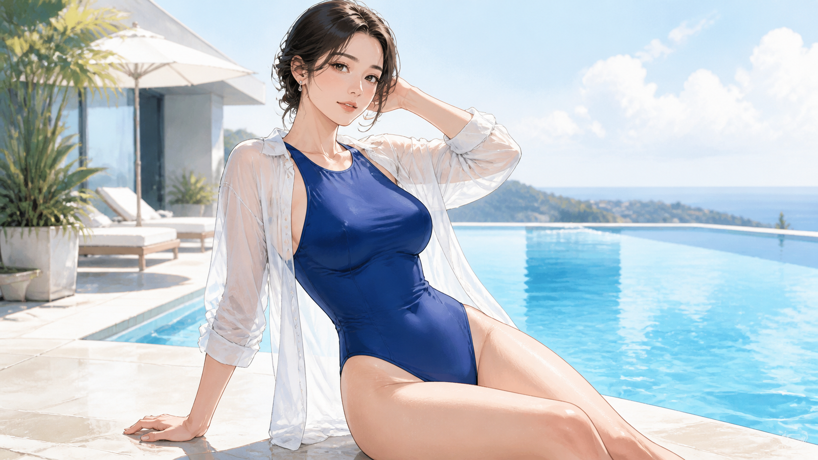 明るいリゾートで洗練された作風を表現する成人女性のアニメイメージ