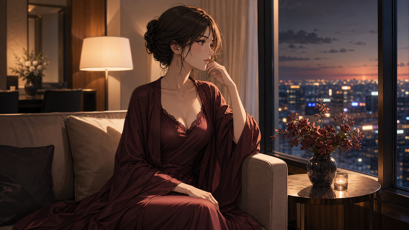 ホテルリビングで物語性を表現する成人女性のアニメイメージ