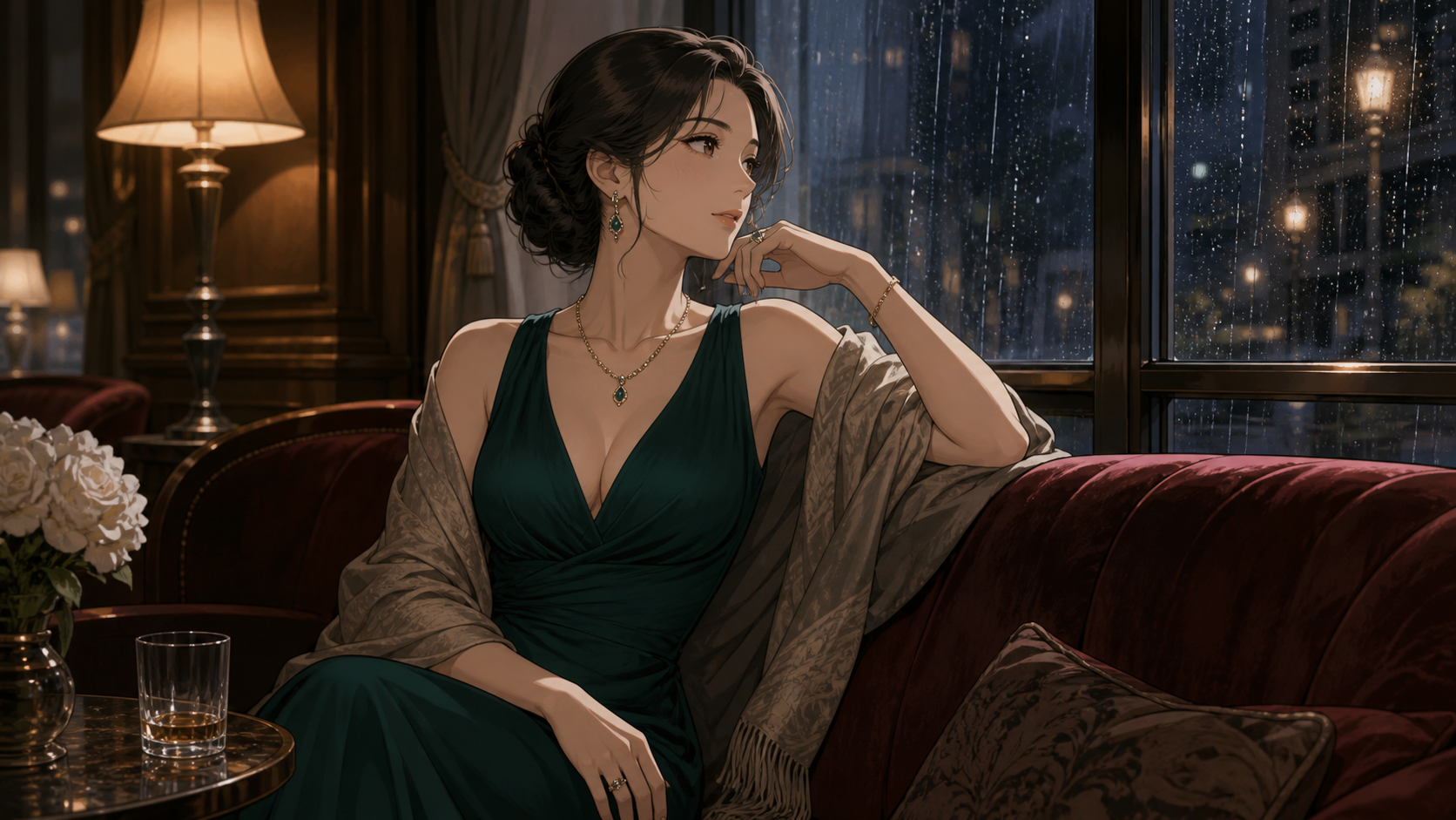 雨のホテルラウンジでドラマ性を表現する成人女性のアニメイラスト